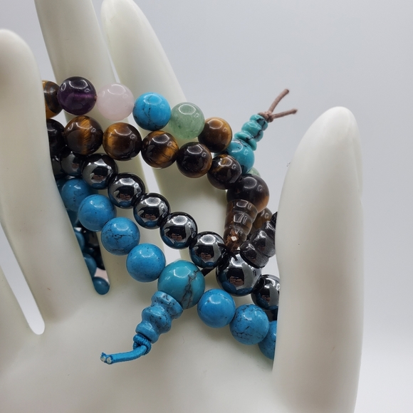 Gemstone Beaded Stretch Bracelet Tigers Eye Quartz Amethyst Turquoise Hematite - Picture 7 of 7